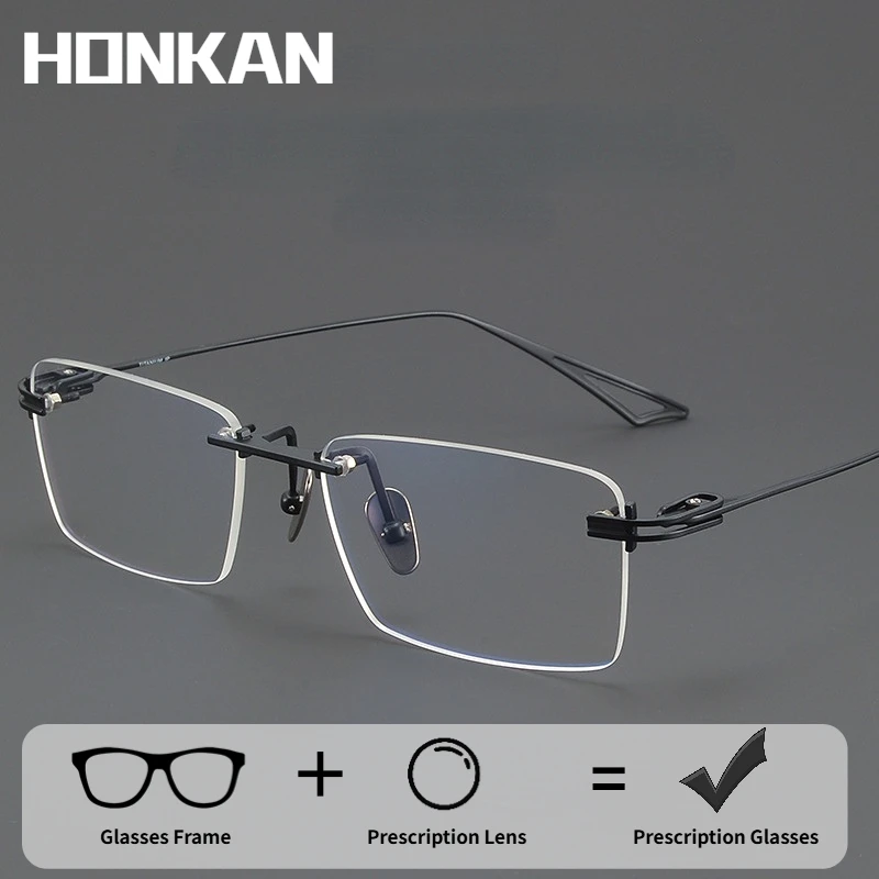 

HONKAN Ultra-light Pure Tiatanium Glasses Luxury Business Men Eyewear Retro Rimless Optical Prescription Eyewear Reading Glasses