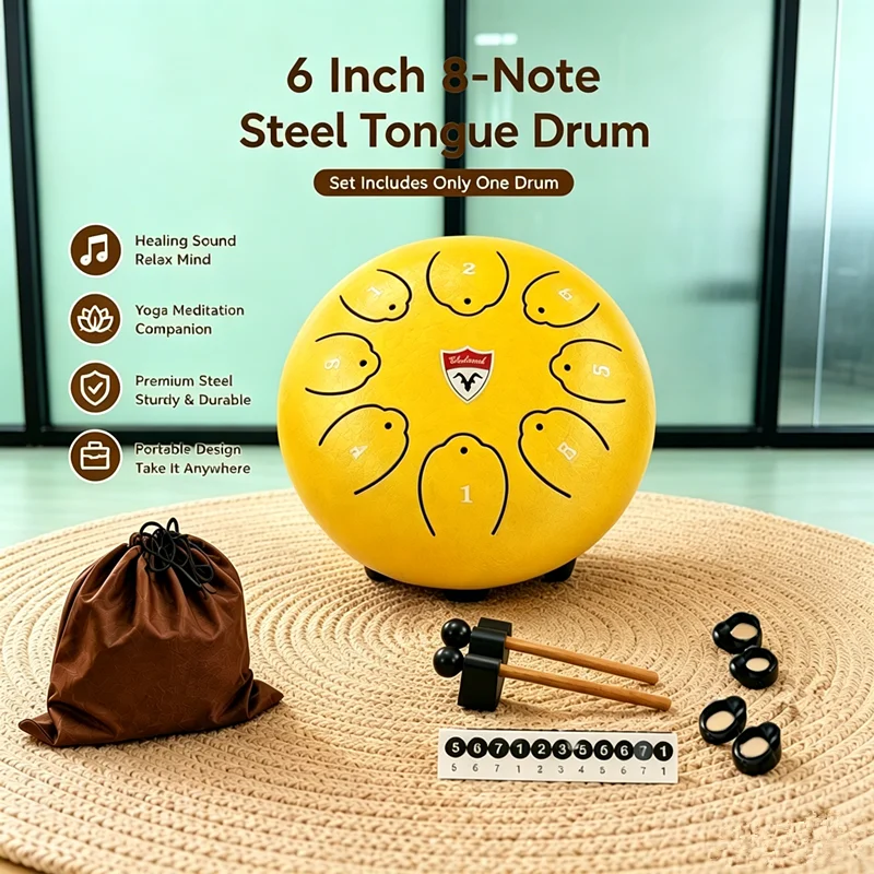 Steel tongue drum,6 Inch 8 Notes C Key steel tongue drum,outdoor rain drum, portable percussion instrument with drum stick finger cover music book portable bag accessories suitable for camping music communication yoga meditation sound healing instruments