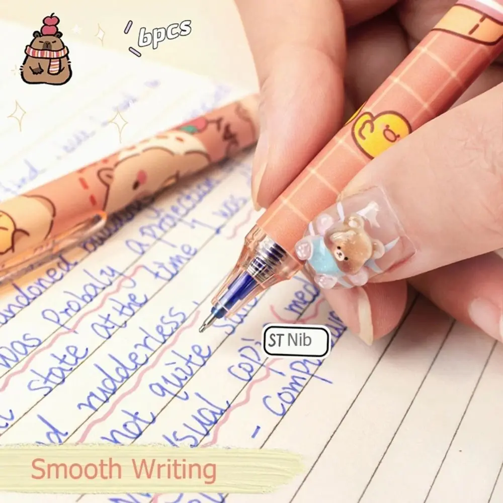 

6PCS Quick-Drying Kawaii Capybara Erasable Pen Aesthetic Cartoon Cute Writing Pen Blue Ink 0.5mm Gel Pen Office Supply