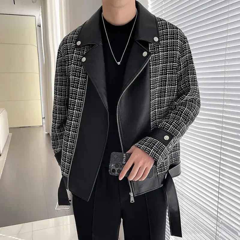 

Spring Autumn Plus Size Casual Handsome Motorcycle Jacket Fashion Men's Korean-Style Stitching Contrast Color Suit Collar Coat
