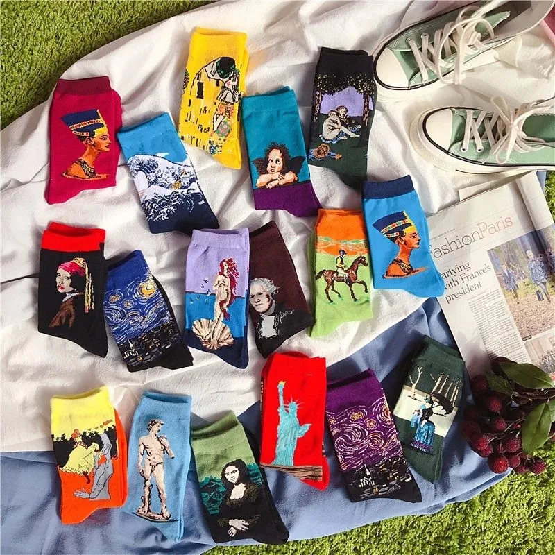 Color Funny Van Gogh Art Women Crew Socks Starry Night Oil Paint Cotton Happy Funny Gifts Designer Funky Chic Retro Harajuku