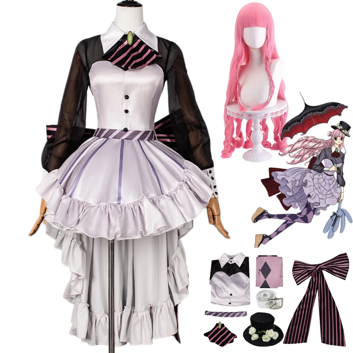 Disfraz de Cosplay de Anime Thriller Barque Perona, Vestido de Princesa Morado, Falda Lolita, Peluca, Crinolina, Traje de Disfraces para Mujer