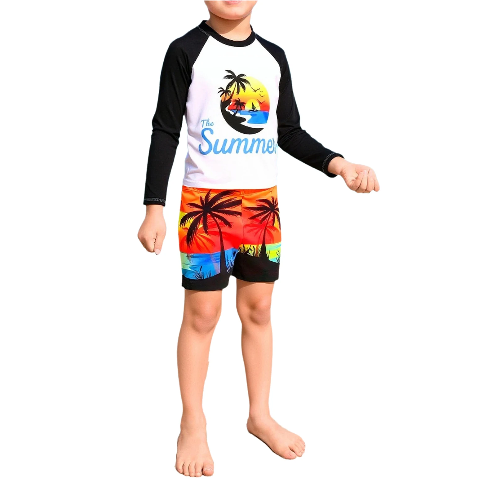 

Kids Boys Two-Piece Bathing Suit Coconut Tree/Dinosaur/Geometric Printed Swimsuit Set Swimwear Long Sleeve T-shirt with Shorts