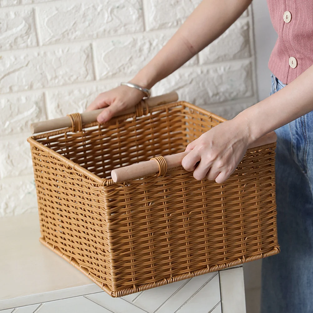 

Imitation Rattan Woven Storage Basket Light Brown Large Capacity Sturdy Desktop Organizer Container for Household Sundries