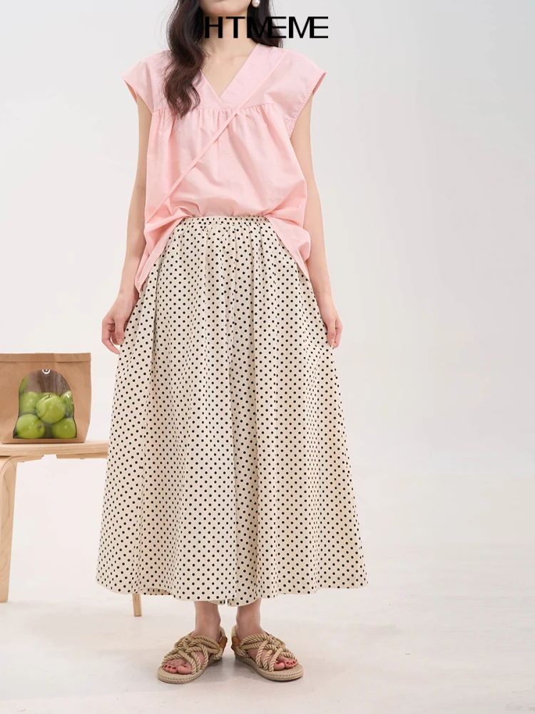 

Брюки с высокой талией и широкими штанинами из хлопка и льна с принтом в горошек, женские брюки-юбка, повседневные брюки, летняя коллекция