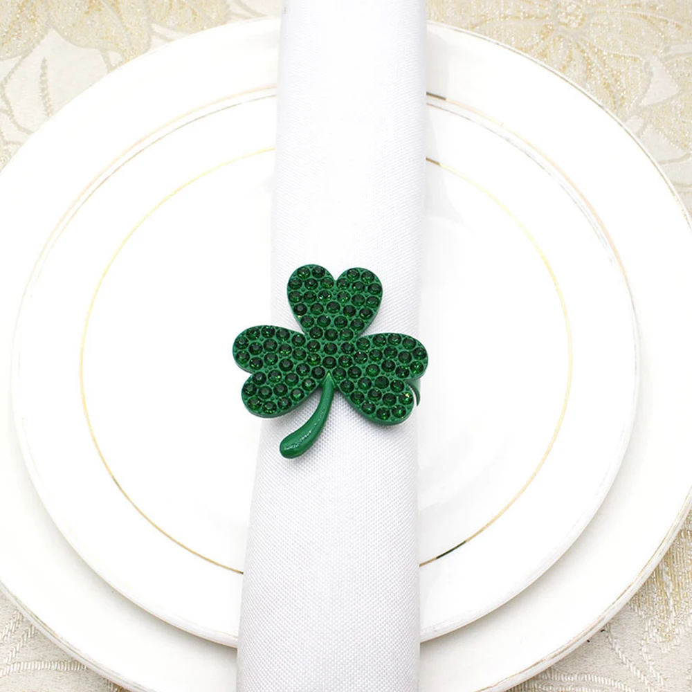 Metal Clover Shamrock Napkin Ring with Rhinestone Green Napkin Buckle  For St. Patrick's Day Wedding Party Table Decor 2022 New