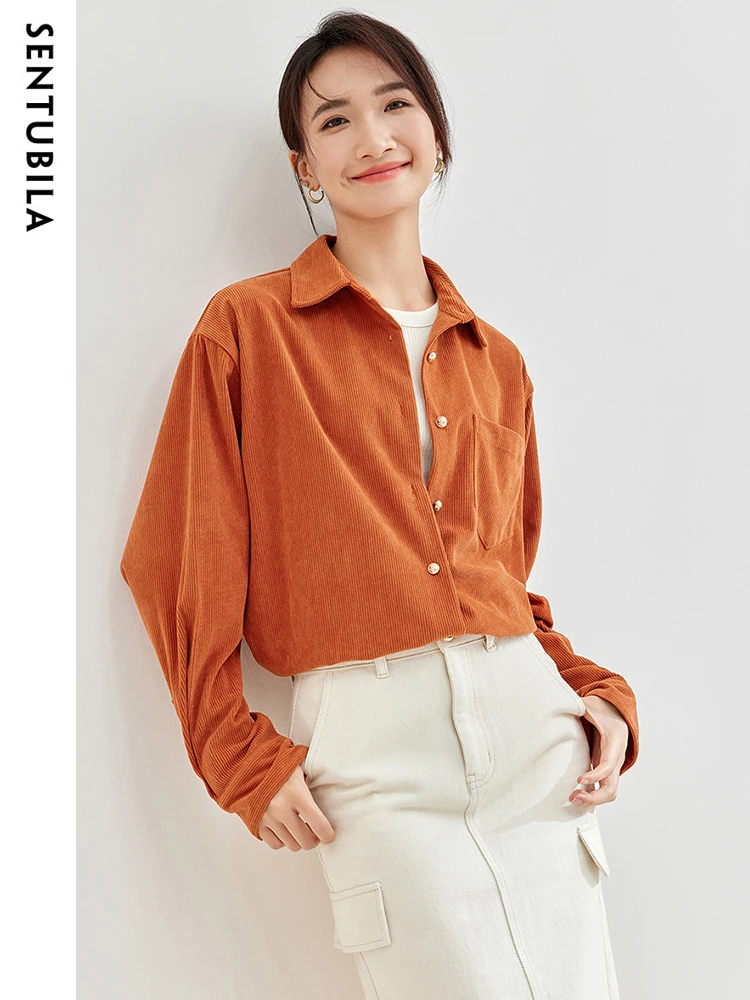 SENTUBILA Orange Corduroy  Women Shirts & Blouses 2024 Autumn Casual Lapel Drop Sleeve Side Split Shirt Coat Clothing 133C51628