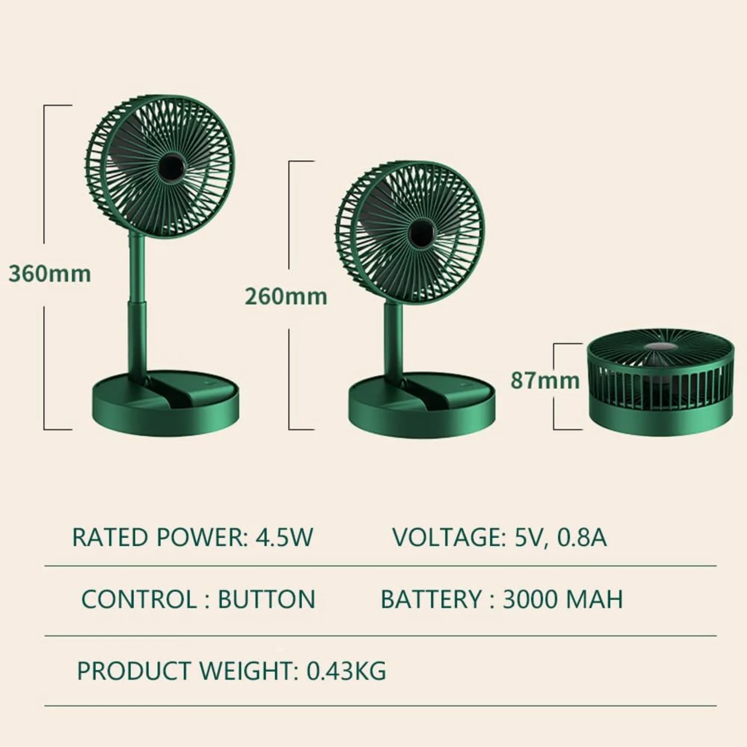 휴대용 접이식 선풍기, 충전식 스탠딩 받침대, USB 선풍기, 3 단 속도, 2000mAh 배터리 작동 선풍기, 캠핑, 야외 및