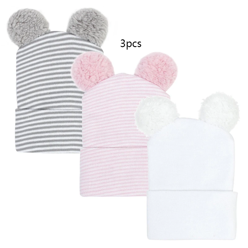 

3 шт., больничная шапка для новорожденных, детская шапка с меховым шариком с помпоном, вязаная хлопковая мягкая милая шапочка с узлом для детской комнаты