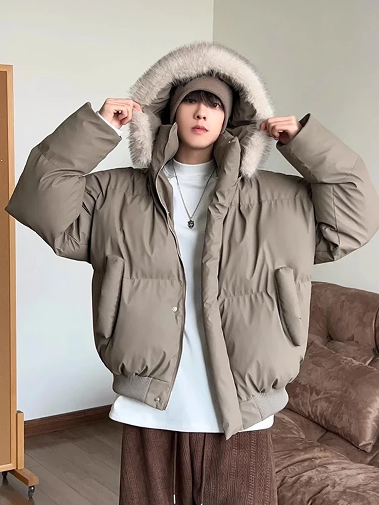 

Retro American Detachable Cap PU Leather ort Parka Cotton Jaet Men Winter Stand Collar Warmth Bread Sle Faionable You...
