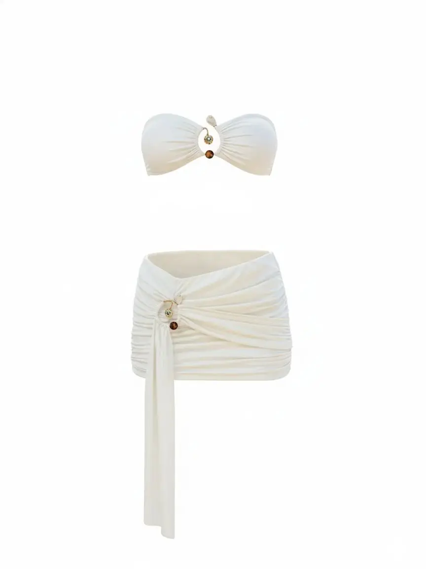 

Elegant Women's White 3-Piece Bikini Set Sexy Strapless Bandeau Crop Top High Waist Ruched Mini Skirt Sets Resort Wear K295