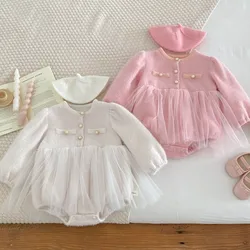 Newborn Baby Girl Cotton Elegant Tulle Dress Romper Infant Toddler Solid Long Sleeve Lace Jumpsuit Autumn Birthday Clothes 3M-2T