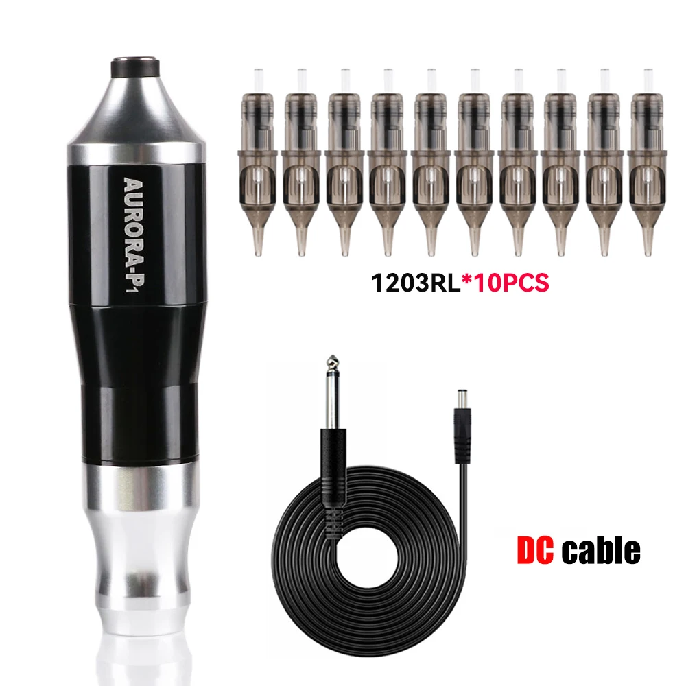 AURORA-P1 Black/Blue Permanent Makeup Tattoo Kit with DC Cable Tattoo Machine Pen 10pcs Cartridge Needle Professional Tattoo Set