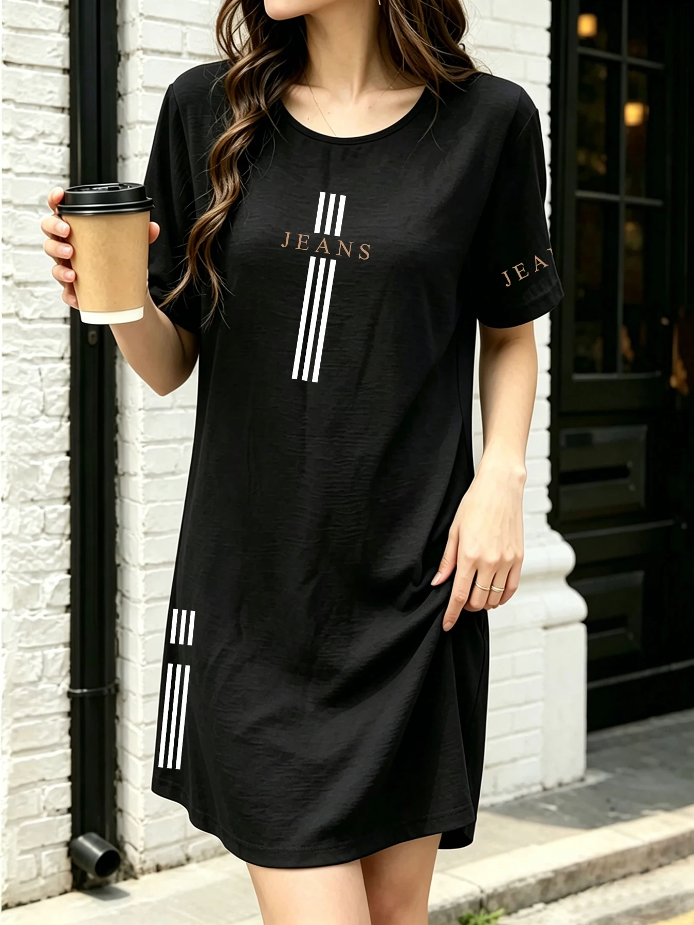 

Summer Thin Breathable T-Shirt Dress, Soft and Comfortable Slimming Short-Sleeve Dress, Trendy Jeans Striped Print Mid-Length Style