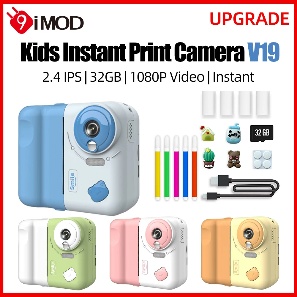 

9IMOD Kids Camera Instant Print Camera 2.4 inch 1080P Children Digital Photo Video 10X Zoom 32GB TF Card with Bluetooth Printing