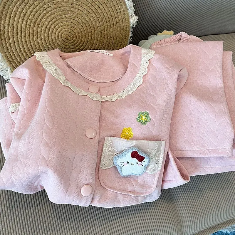 

Костюм Kitty, розовая пижама для девочек, Femme, осенне-зимние брюки с длинными рукавами, комплект одежды для сна, теплая мягкая одежда для сна