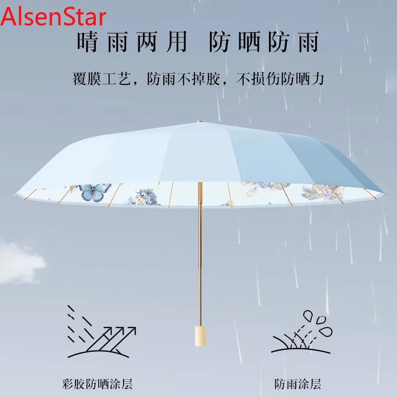 

Antique 16-bone Umbrella Large Rain Or Shine Folding Umbrella Female Sunshade UV Sun-proof Colored Rubber Umbrella