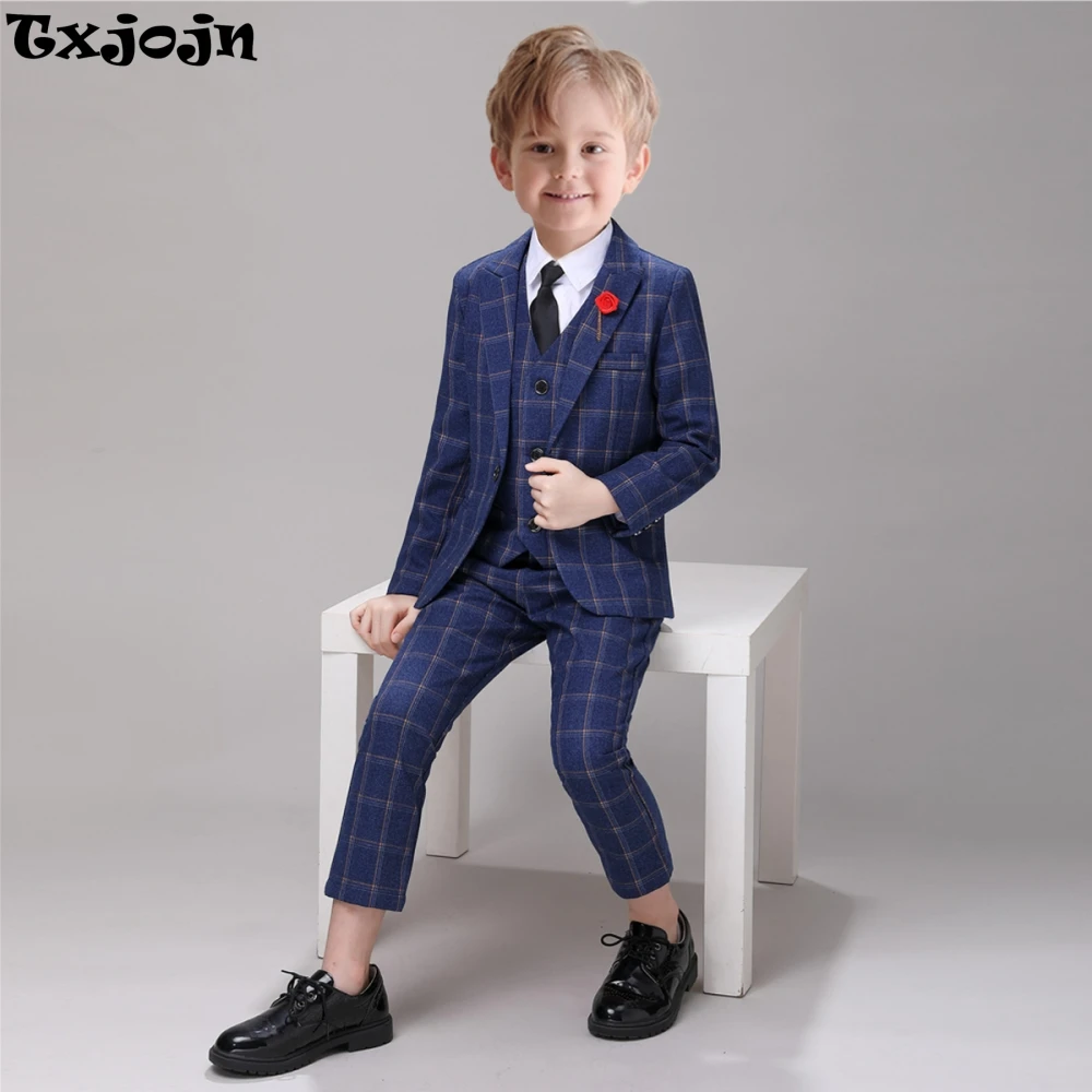 Elegant New Blue Boys Plaid Suits For School Graduation Ceremony High Quality Comfortable Child 5 Pieces Suit Set Catwalk Show