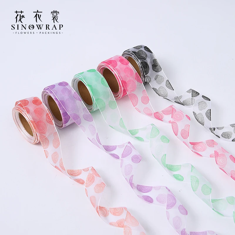 

SINOWRAP New arrival 2.5cm*20Y Yarn Ribbon Valentine's Day Rose Print DIY Gifts or Flower Packing Ribbon