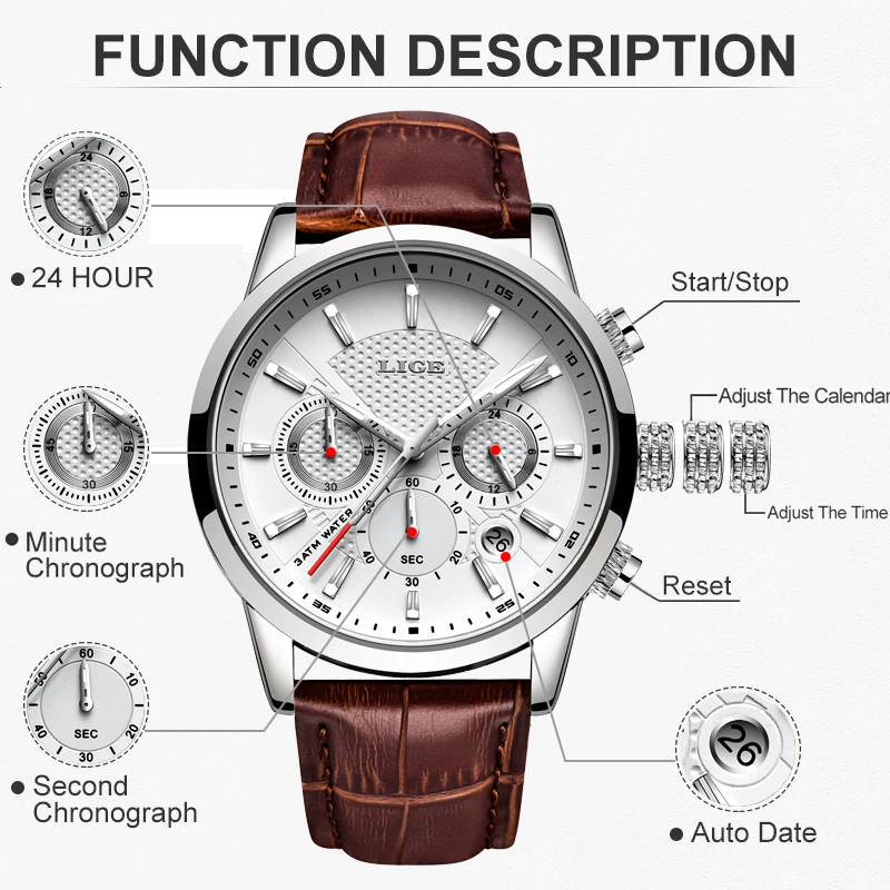 LIGE Fashion Leather Watch Men Army Military Quartz Mens Watches Top Brand Luxury Sports Waterproof Watch For Men Reloj Hombre