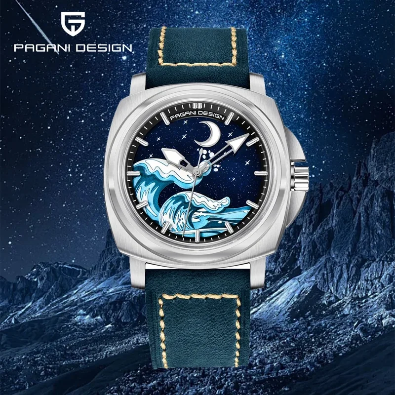 PD-YS014 PAGANI DESIGN Men Dress Automatic Watch Japan TMI NH35A Movement Rose Gold Case Sea Wave Moon Star Dial Leather Strap
