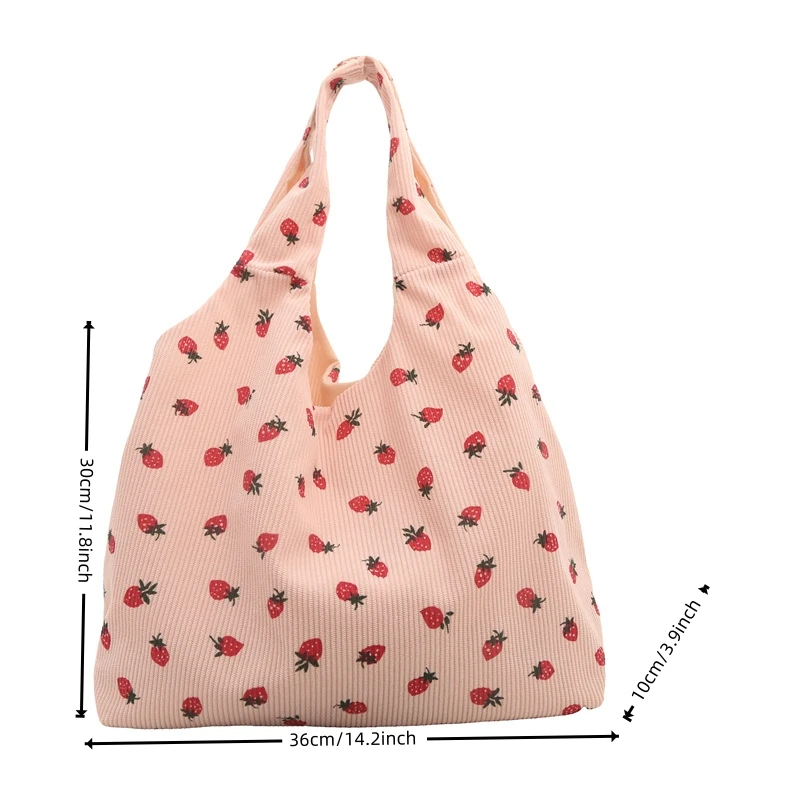 Sacola de veludo para mulheres, bolsa de ombro casual padrão morango, grande capacidade, bolsa de ombro aberta, nova