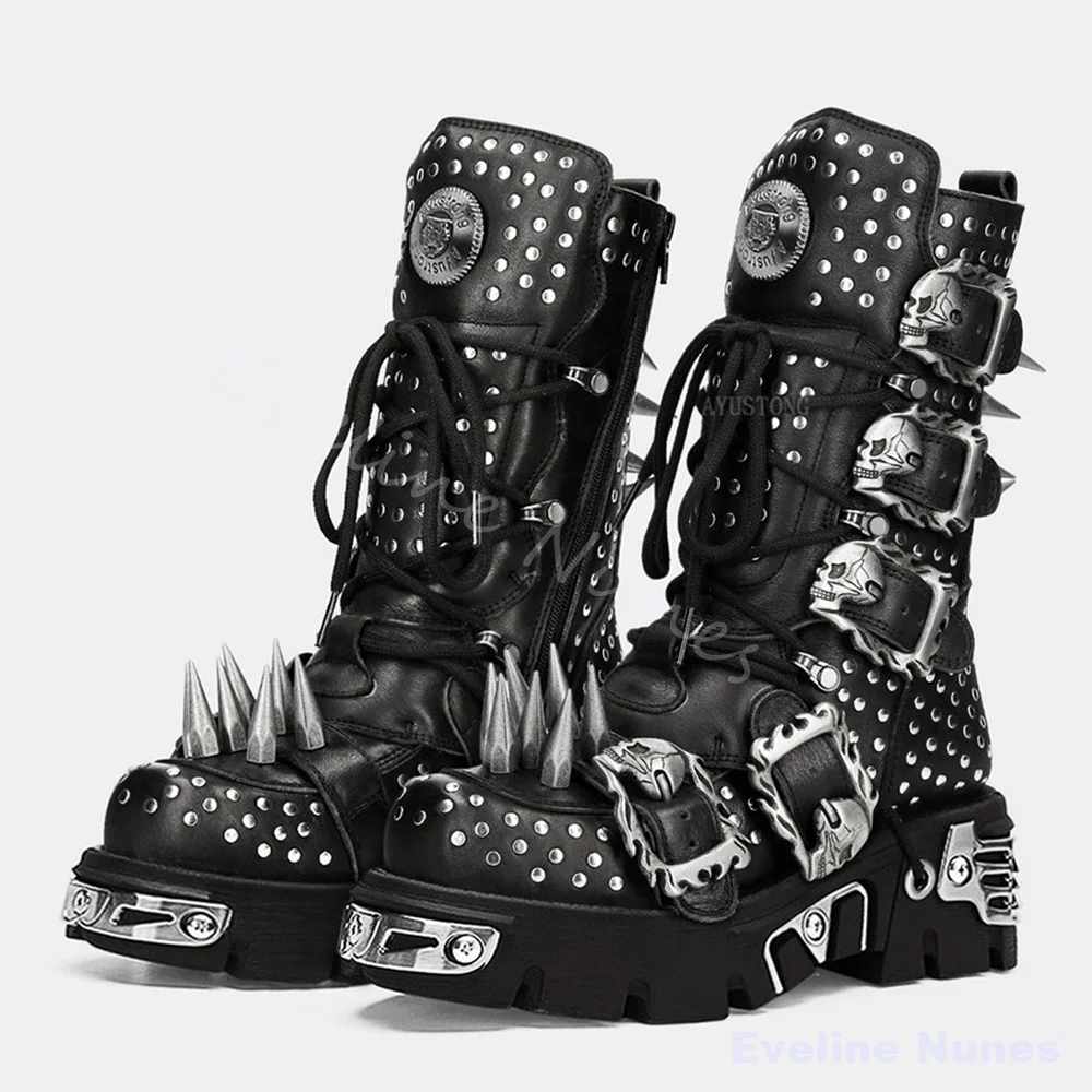 Gothic Halloween Cosplay Mid‑Calf Boots Men Skull Buckle Rivet Lace‑Up Platform Motorcycle Boots Fashion Punk Rock Combat Boots