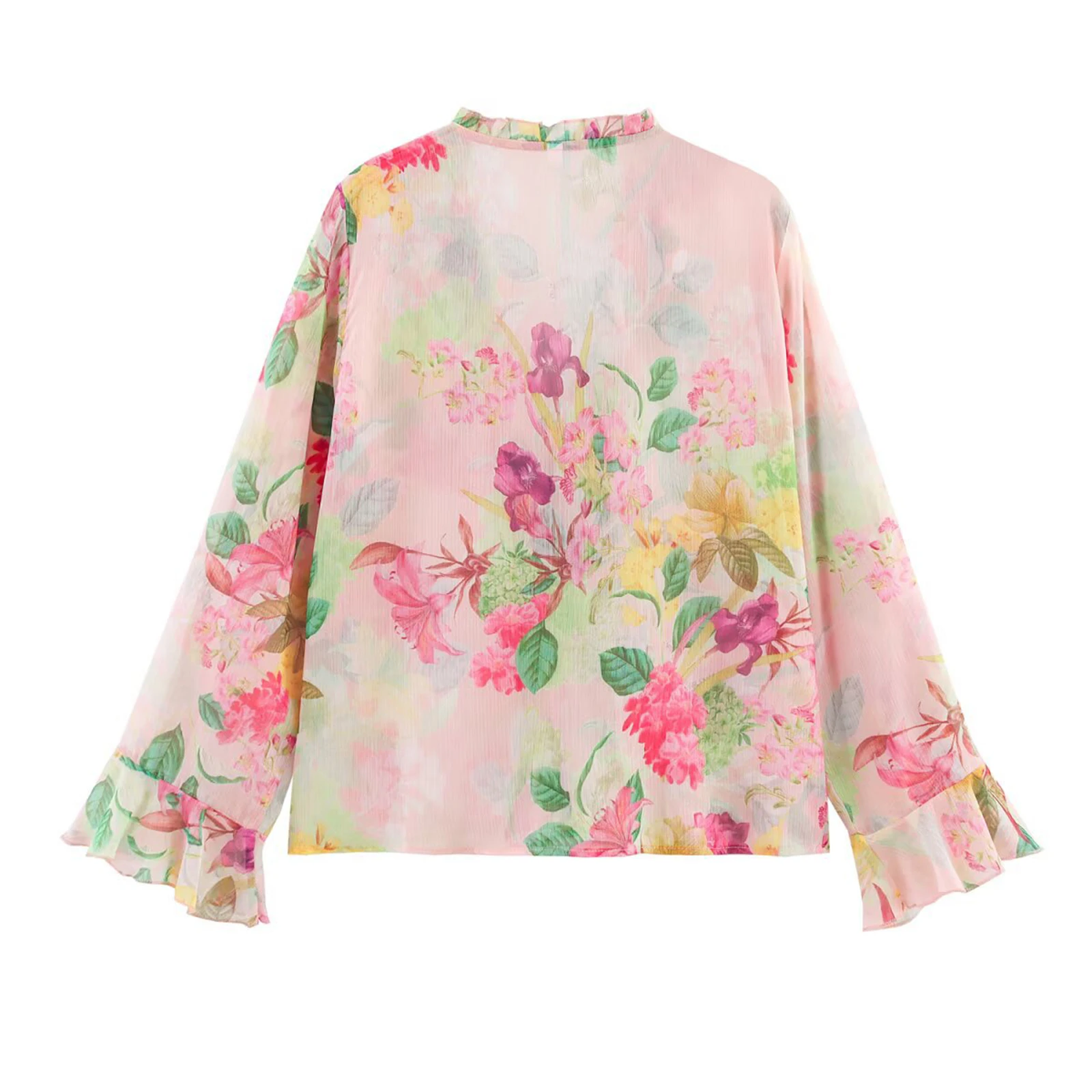 

Women Long Sleeve Tops Floral Print V Neck Ruffle Trim Shirt For Daily Wear Outdoor Activity Streetwear