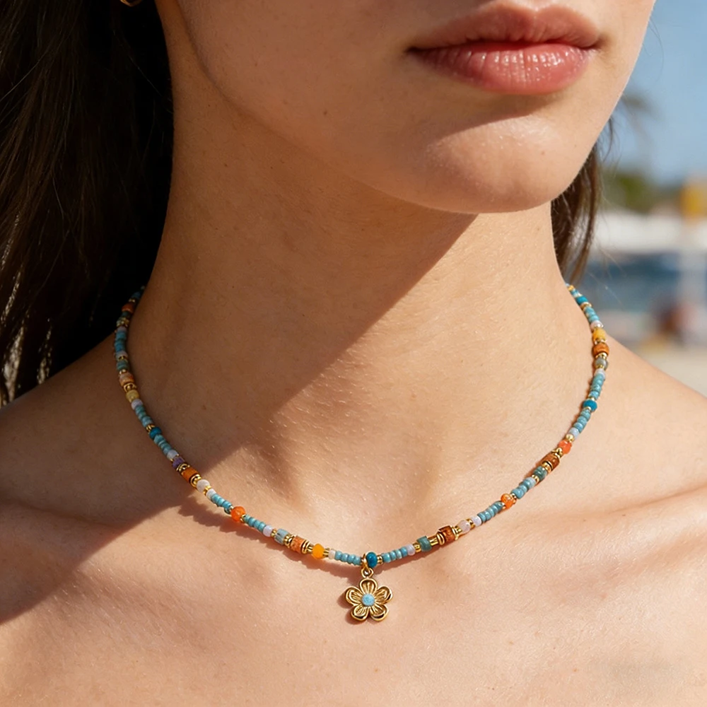

Vintage 18K Gold Plated Stainless Steel Flower Pendant Colorful Natural Stone Necklace Chain Jewelry for Women Unique Gift