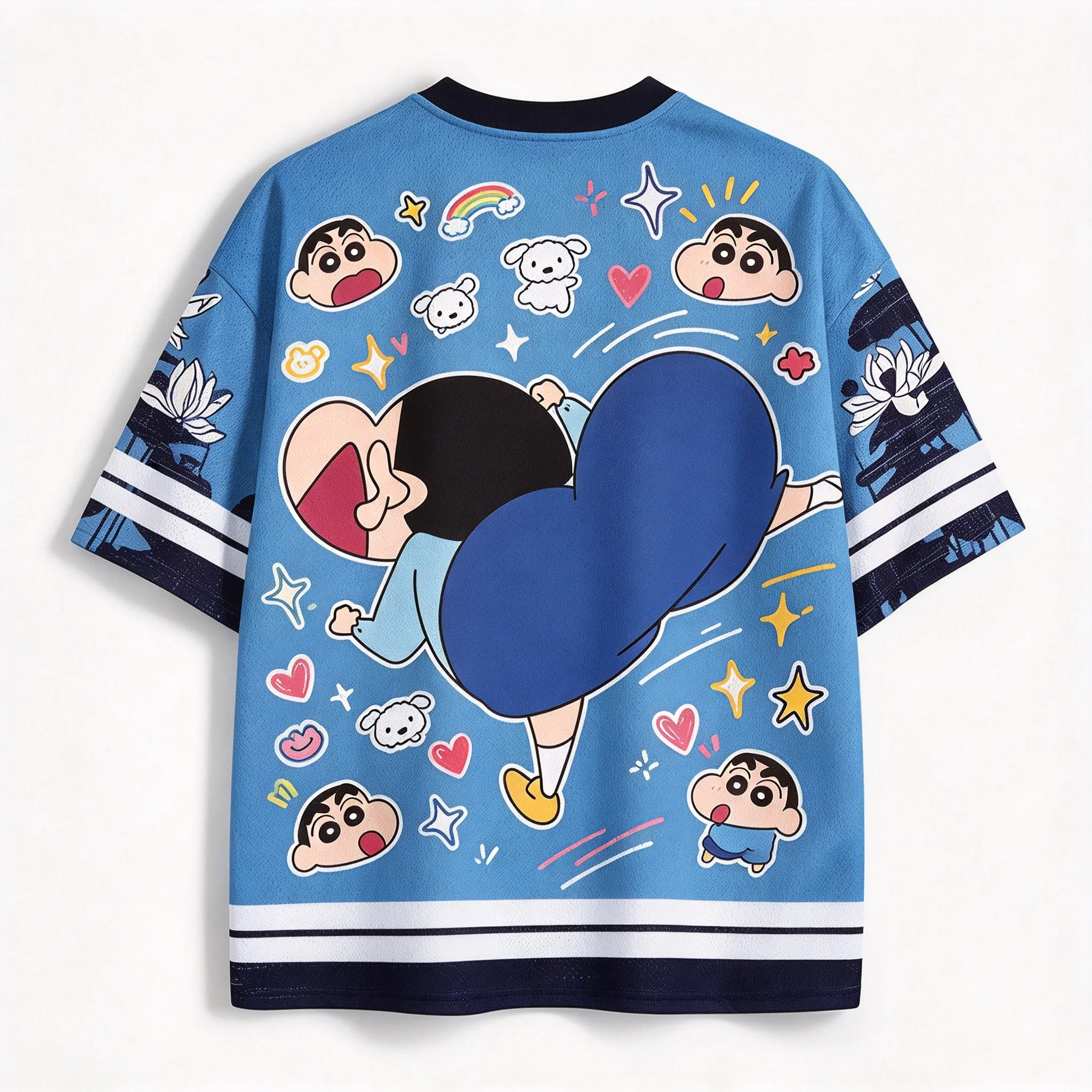Crayon Shin-chan Doodle Graphic Mesh Jersey, Blue White V Neck Sport Top, Cute Anime Funny Print Oversized Casual Street Shirt