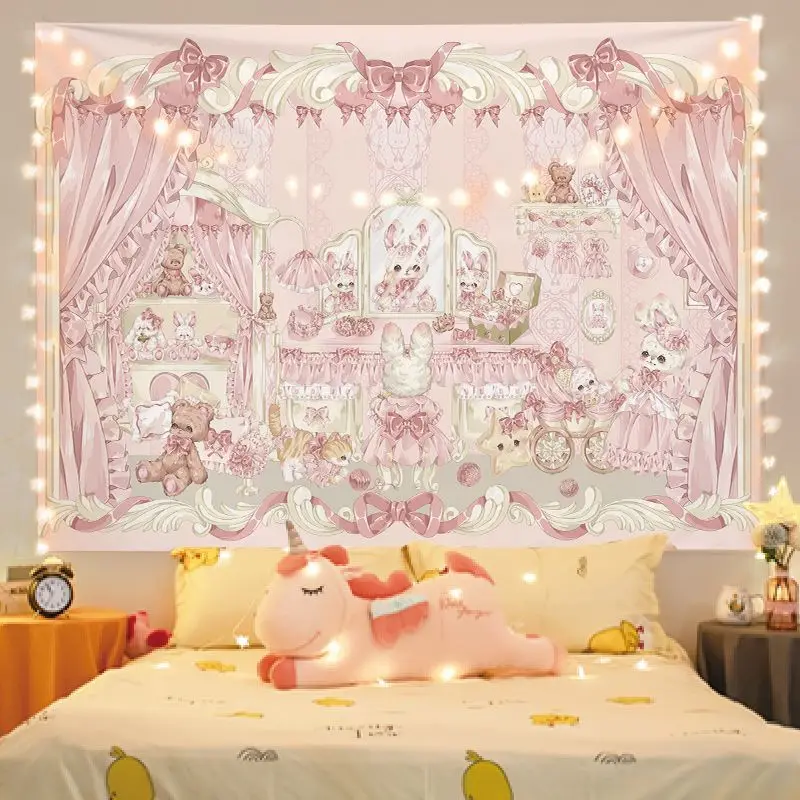 VIKAMA Goodnight Rabbit Bear Bedroom Tapestry, Cute Pet Cartoon Background Cloth Warm Wall Hanging for Room Decor