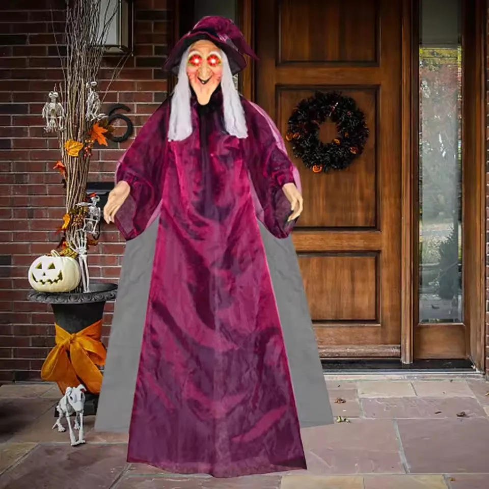 Halloween Life Size Talking Witch Outdoor Purple Spooky Animatronic Witch Decor Prop Halloween Decoration Red Eye Animated Witch view 3