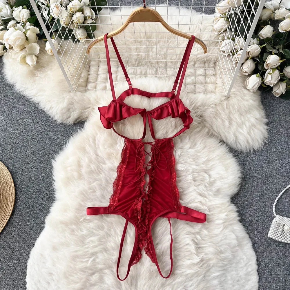 Hollow Out Red Hot Sexy Bodysuits Strap Slim Lace-up Sensual Rompers Ruffles Sweet Patchwork Lace Erotic Backless Playsuits New