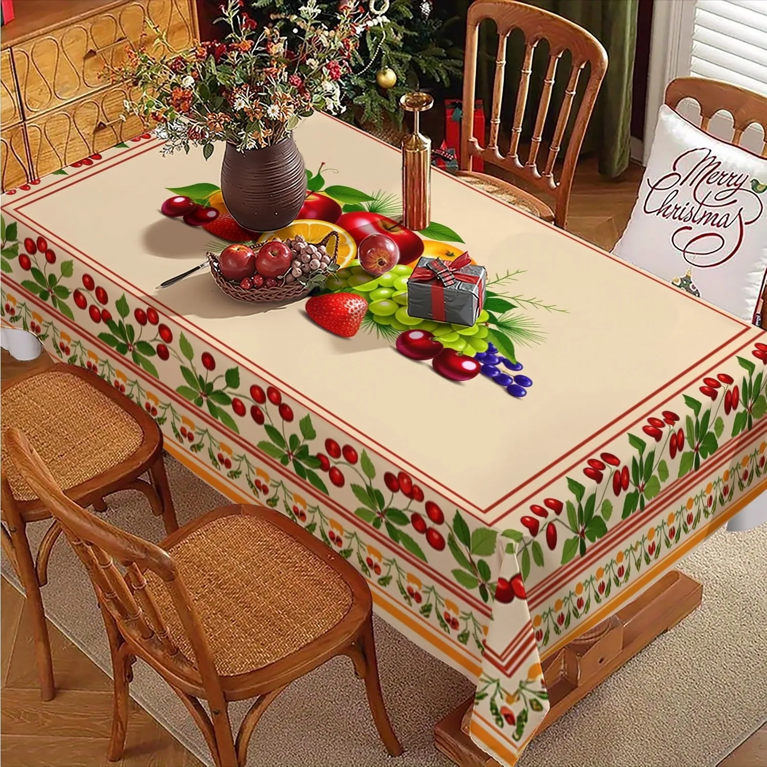 1pc 2D Flat Rectangular Tablecloth Multi-Specification Optional Polyester Material Fruit Theme Decorative Trim Easy to Clean Sui