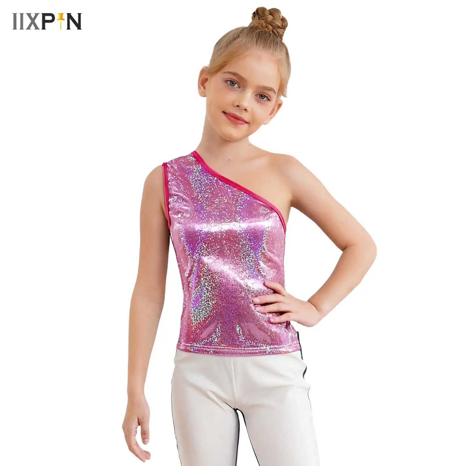 

Kids Girls Cheerleading Dance Top Shiny Metallic Dots Vest One Shoulder Sleeveless Tank Top Jazz Dance Stage Performance Costume