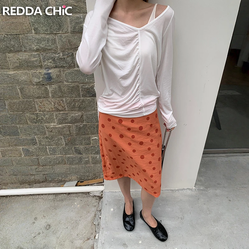 

REDDACHiC Women Polka Dot Skirt with Slit Retro Beach Orange Elastic Waist Straight Long Skirt Trendy Holiday Summer Clothes