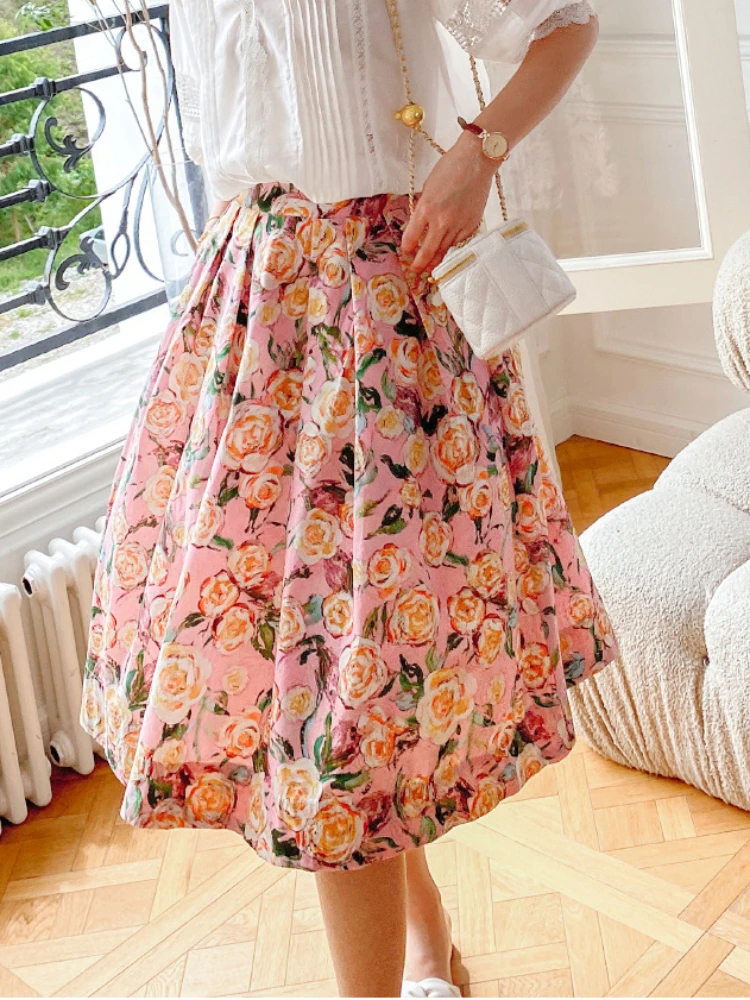 

Floral-print A-Line Vintage Skirt Stretchy High Waist Floral Vacation Swing Skirt 2024 Summer New in Woman Clothing