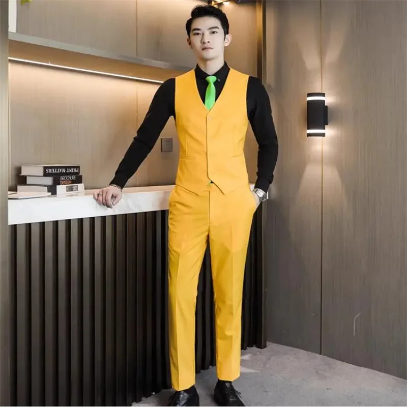 

Yellow Men's V-neck Sleeveless Vest and Pants 2-piece Set, Red Green Gray Black Purple Vest with Pants, European Sizes XXXS-XXL