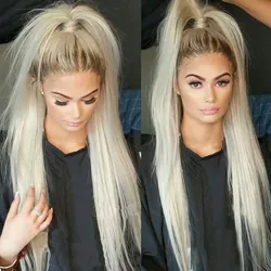 Długa prosta koronkowa peruka na przód Ombre Platinum blond syntetyczna koronka koronkowa peruka na przód dla kobiet prosto wstępnie oskubane Glueless Fiber Wig