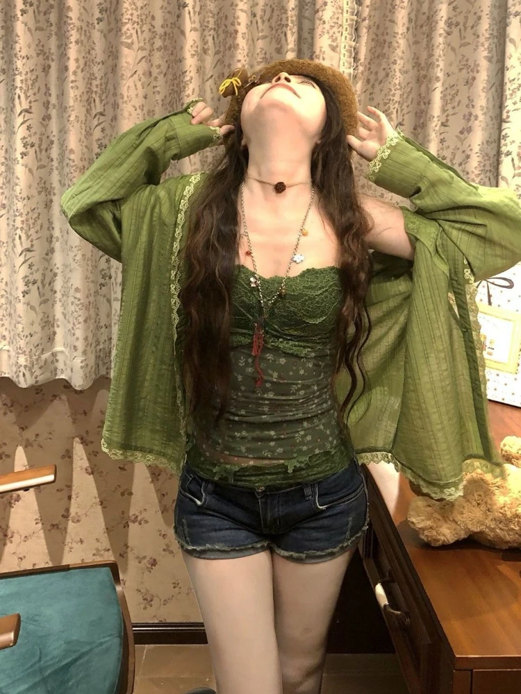 Y2k Aesthetic Two Piece Sets Lace Patchwork Sun Protection Loose Blouses + Flower Print Grunge Tanks Female Autumn Vintage Suit