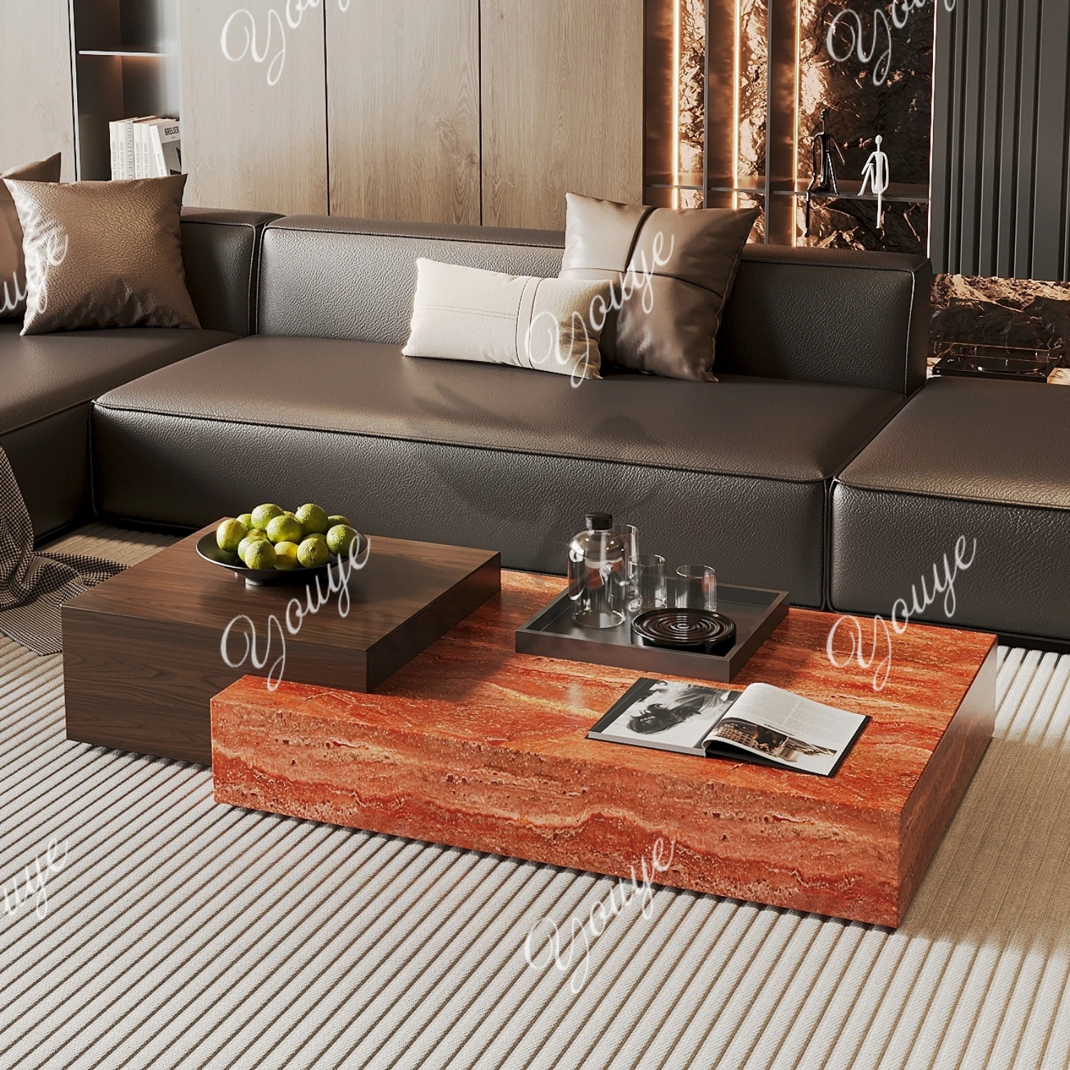 

Red travertine combination coffee table retro style living room high-end luxury stone light luxury tea table corner table