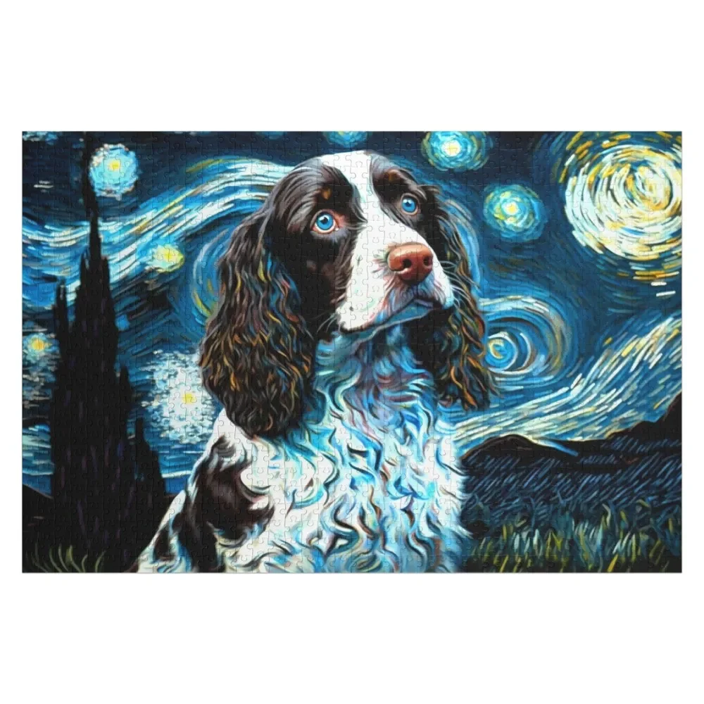 A Springer Spaniel Starry Night, Adorable Springer Spaniel Puppy Jigsaw Puzzle Personalized Name Custom Wooden Adults Puzzle