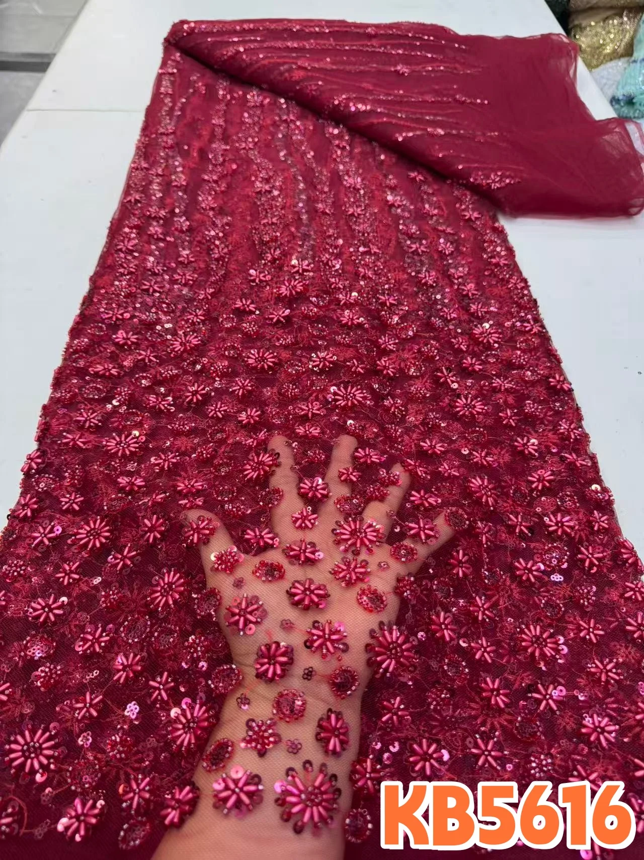 

YLS Red African Beaded Lace Fabric 5 Yards High Quality Sequin Black Lace Fabric Nigerian Ladies Wedding Evening Dress KB5616