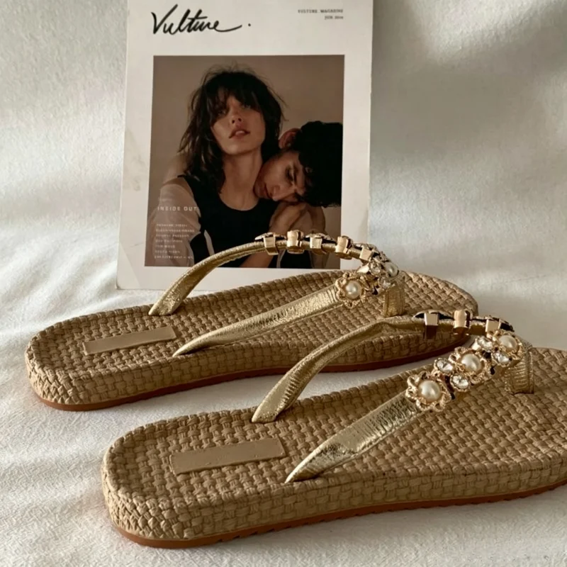 Women Rhinestone Pearl Straw Flip Flops Boho Crystal Jeweled Flat Thong Sandals Chic Woven Sole Plus Size Vacation Beach Shoes view 5