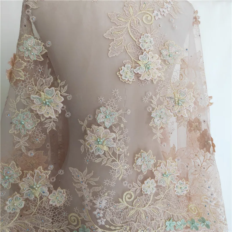 colorful embroidered lace with skin-colored beads and diamonds, wedding dress 3d high-end designer fabric with flowers