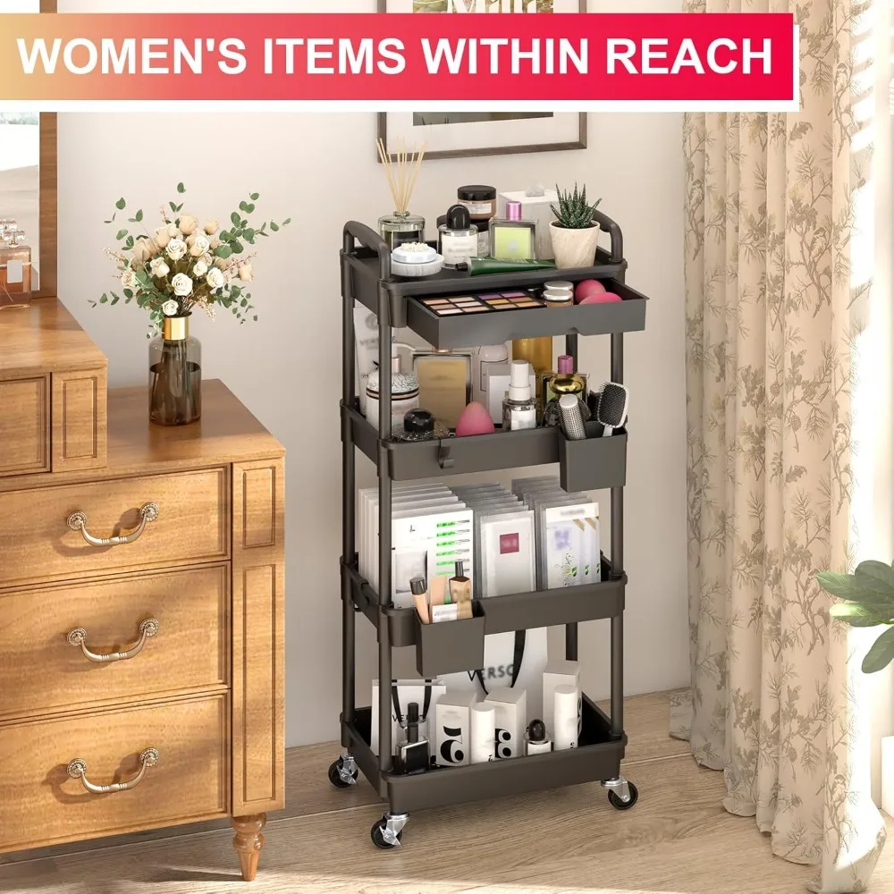 4-Tier Rolling Utility Cart with Removable Drawer, Lockable Wheels for Kitchen Bathroom Storage Organizer
