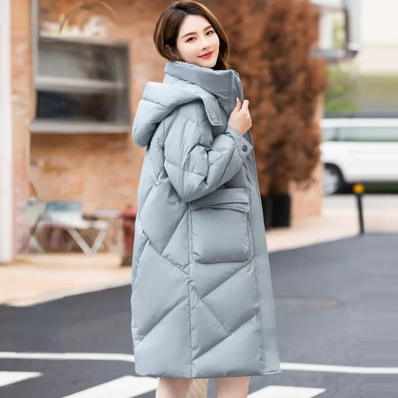 2024 Nieuwe Dames Donsjack Winterjas Dames Mid Length Versie Parkas Losse Warme Bovenkleding Capuchon Veelzijdige Mode Overjas