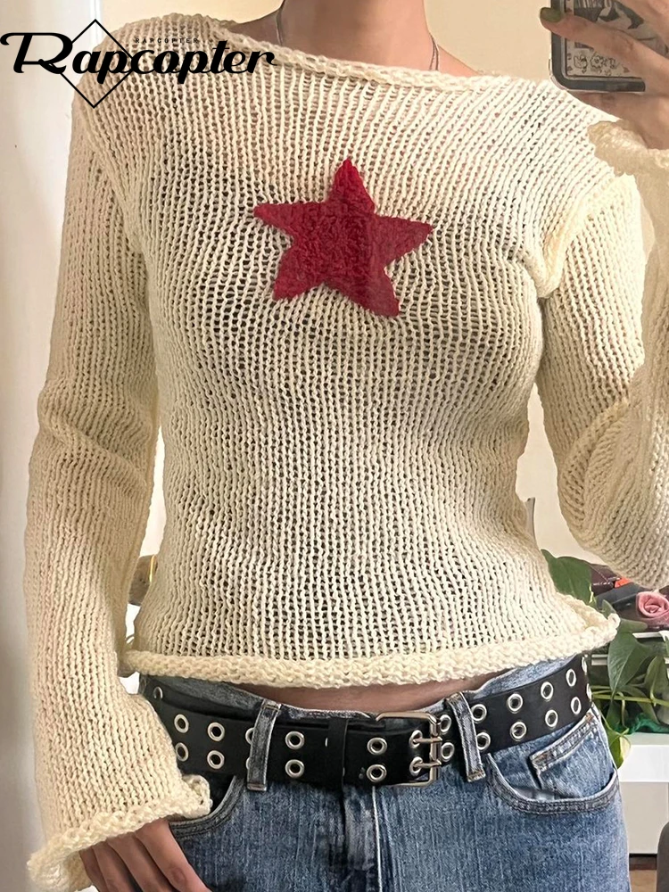 Rapcopter-suéteres de estrella y2k para mujer, ropa de calle Grunge, tops de cuello oblicuo delgados, Harajuku Prepply coreano, Top estético