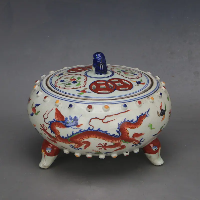Xuande Style Wucai Dragon Pattern Tripod Incense Burner with Lion Bosses Glazed Ceramic Home Decor Gift