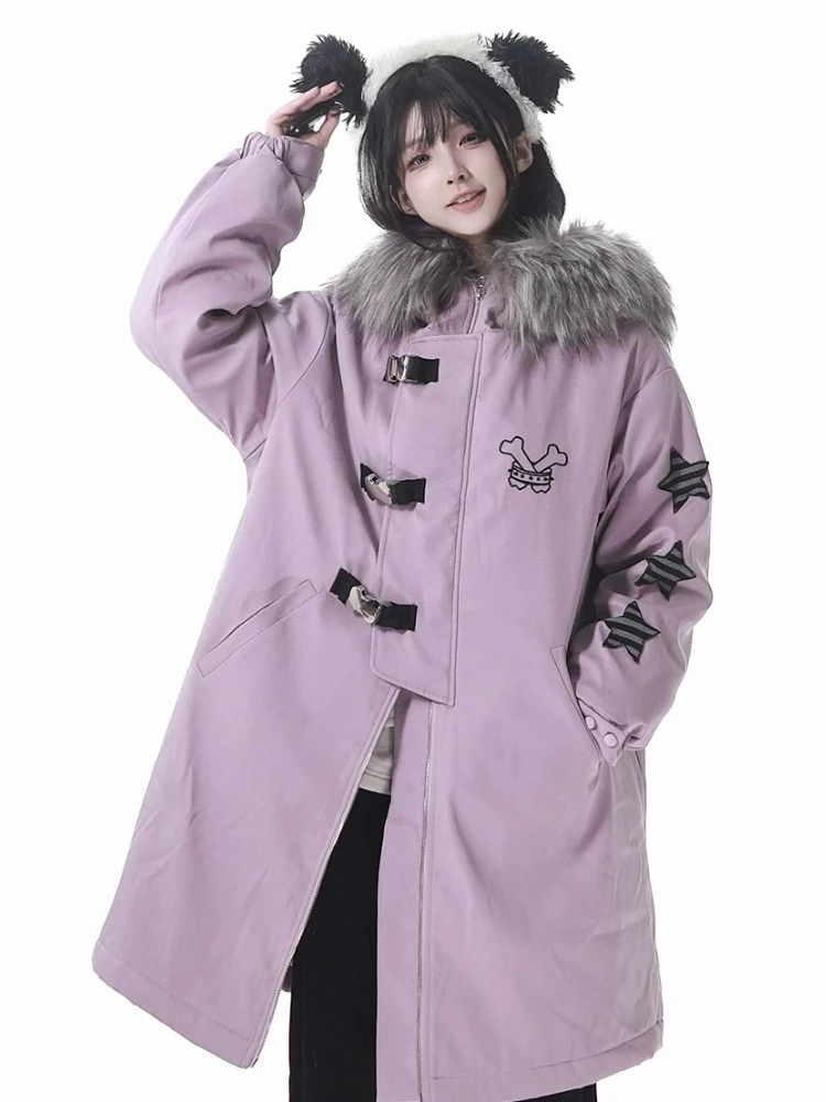 ファッションストリートウェア カレッジスタイル ロングパーカー 星パッチ刺繍 ファーカラー フード付き 厚手 暖かいジャケット レディース 冬用オーバーコート